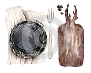 Table setting, top view. Watercolor hand drawn illustrations type of plate, fork, spoon, knife, wooden cuttig board, pan