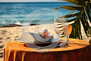Table setting at tropical beach with blurred background. Generative AI