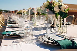 Table setting at a wedding banquet. Decoration flowers