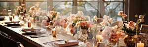 Table setting for a wedding. Glasses and plates for a romantic dinner, festive atmosphere with flowers and candles.