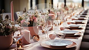 Table setting for a wedding. Glasses and plates for a romantic dinner, festive atmosphere with flowers and candles.