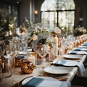Table setting for a wedding. Glasses and plates for a romantic dinner, festive atmosphere with flowers and candles.