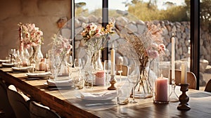 Table setting for a wedding. Glasses and plates for a romantic dinner, festive atmosphere with flowers and candles.