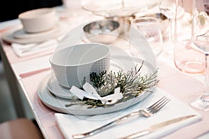 Table setting in white color, with decoration of green. Table setting for event party or wedding. Decor in green and