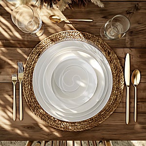 Table setting with white empty plates, cutlery and glasses. View from above