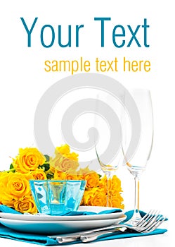 Table setting with yellow roses, ready template