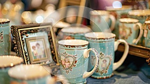 A table showcasing handpainted mugs and frames with heartfelt messages commemorating the bond between father and child photo