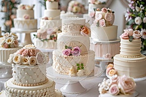 Table showcasing wedding cakes adorned with flowers in pink and orange hues