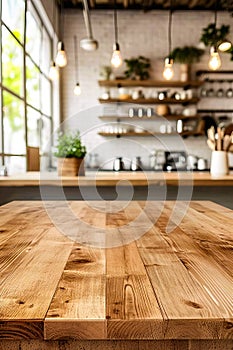 Table sits in kitchen with potted plants on either side of it and hanging lights above. Generative AI