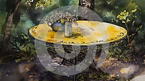 A table is sitting outdoors under trees, in the style of symbolist watercolors, made of wrought iron. Generative AI photo