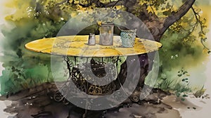 A table is sitting outdoors under trees, in the style of symbolist watercolors, made of wrought iron. Generative AI photo