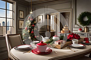 A table with a small Christmas tree and festive gifts