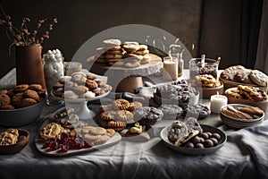 table spread with holiday cookies and pastries, ready for gifting