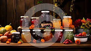 Table spread with a variety of fruit jams and preserves