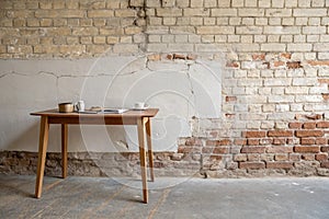 Table standing next to a brick wall