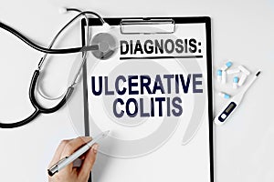 On the table are a stethoscope, a pill thermometer, and a diagnosis sheet. The text is written on the sheet with the diagnosis -