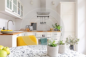 Table in stylish white kitchen interior, real photo