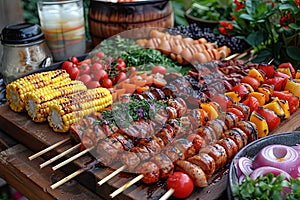 table with summer food such corn on the cob, grilled meat, hot dogs, Generative AI