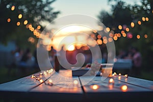 table at sunset with blurred string lights and people at a bbq party behind