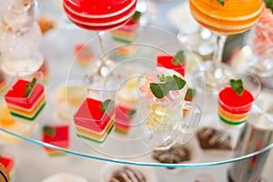 Table with sweets, birthday cake, cocktails, pastries.