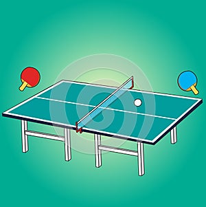 table for table tennis with rackets and a ball