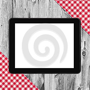 Table, tablecloth textile on wooden table