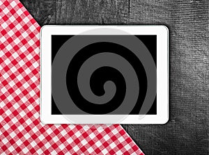 Table, tablecloth textile on wooden table