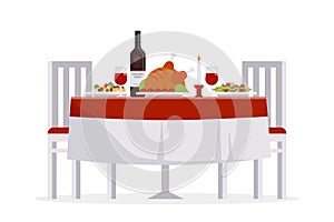 Table with tasty dishes and two chairs vector flat illustration. Romantic dinner in the restaurant concept isolated on