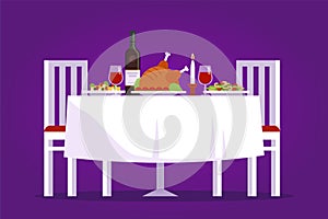 Table with tasty dishes and two chairs vector flat illustration. Romantic dinner in the restaurant concept on purple