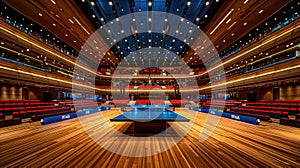 table tennis arena with High ceilings, wood floors, LED lights in the roof. Summer Olympic Games competition .