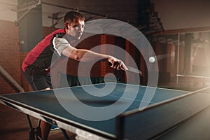 Table tennis, man playing game, ball with trace