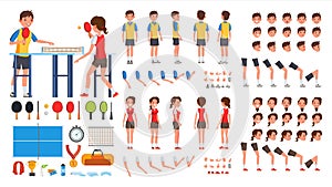 Table Tennis Player Male, Female Vector. Animated Character Creation Set. Ping Pong. Man, Woman Full Length, Front, Side