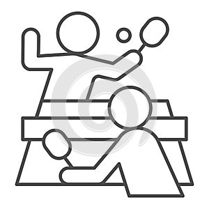 Table tennis and players thin line icon, sport concept, Ping pong match sign on white background, People playing table