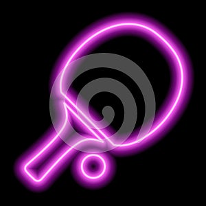 Table tennis racket and ball on a black background. Pink neon outline. Vector icon illustration. Ping-pong