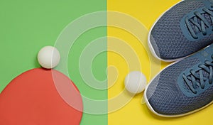 Table tennis racket, balls and sport sneakers on yellow green background