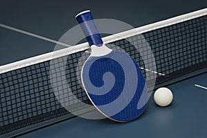 Table tennis rackets and ball and net on a blue pingpong table