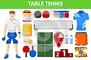 Table tennis sport equipment game player garment accessory vector icons set