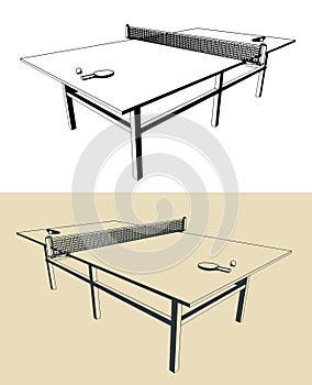 Table tennis table with rackets and ball