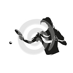 Table tennis, woman playing ping pong, isolated vector silhouette