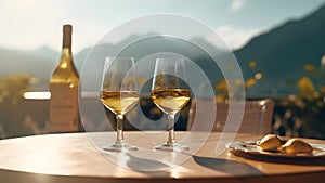 table on a terace with two glasses of wine, sunshine, summervibes, mountains in the background, neural network generated photo