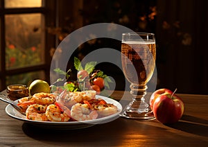 On the table there is a glass of cider or beer, shrimp, apples on the background