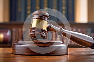 On the table there is a wooden gavel of a judge close-up on a highly blurred background of books of laws