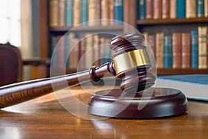 On the table there is a wooden gavel of a judge close-up on a highly blurred background of books of laws