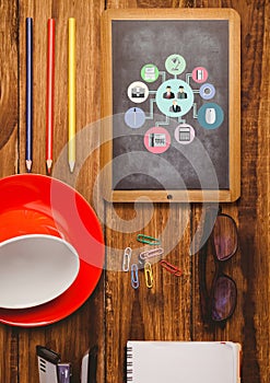 Table top with a blackboard with web graphics