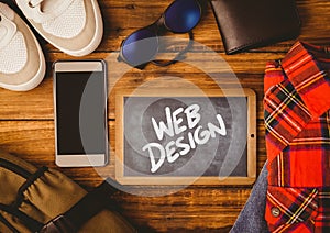 Table top with a blackboard with web graphics