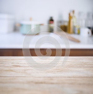 Table top with Blur Kitchen Pantry with kitchenware background