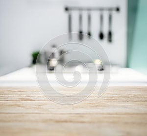 Table Top with Blurred Kitchen Counter Home Interior Background