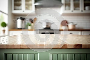 Table top with blurred kitchen furniture as background