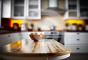 Table top with blurred kitchen interior background