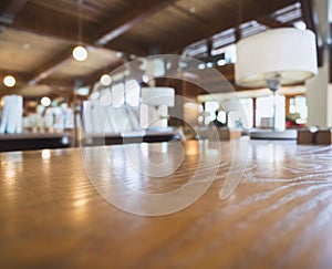 Table top with Blurred Library room interior Background